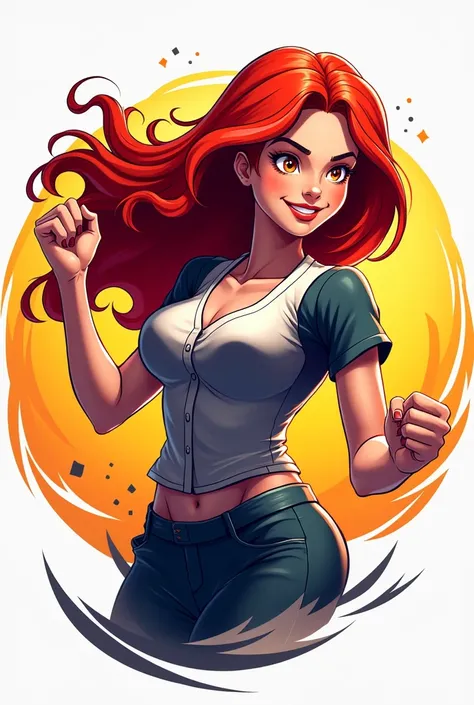 make a logo for an online sports betting group with a red-haired female character, Lively, bright colors