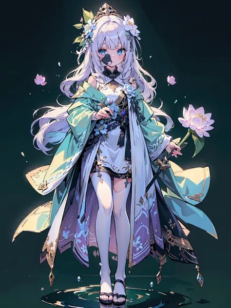 (((masterpiece, best quality, high detailed, 16k))) (1girl) A serene and graceful healer with long, flowing lavender hair and gentle blue eyes. She is draped in soft, flowing robes of white and pastel purple, embroidered with delicate floral patterns. Her ...