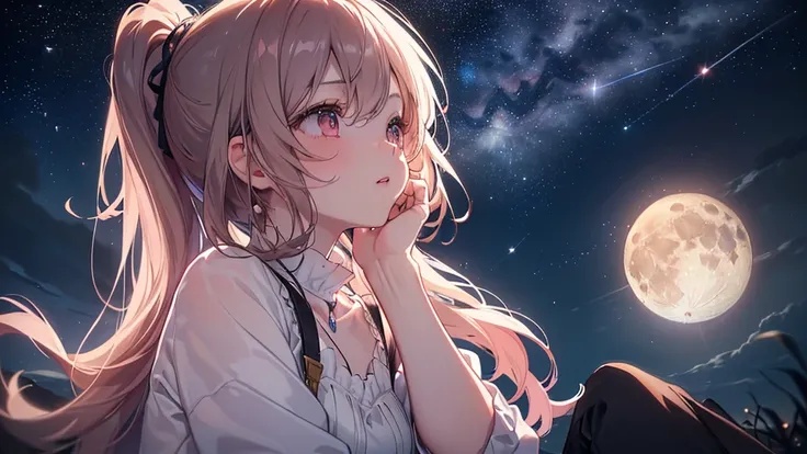 (((Highest quality、Silhouette Art,masterpiece、Ultra-fine、Ultra-fine、Exquisite、16k,cute,Looking up at the moon,Brown Hair,profile,Face of despair,Delicate eyes,Delicate hands,Full HD,))), ((One person,Sitting,cute,Long eyelashes、White skin、)), (Pale pink li...