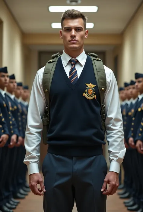 Perfect realistic muscular cadet wearing his perfect neat uniform, white shirt and striped school tie uniform, sweater vest with school crest, school shorts, long knee socks, carrying his heavy military tactical backpack, standing for a uniform inspection ...