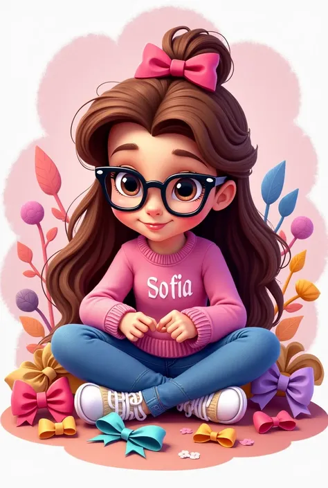 Logo with a Pixar girl with long chocolate hair with a bow on her head wearing square glasses with black frames dressed in jeans, sneakers and a pink sweater working making bows half body all in a resonant logo with a name that says Sofia 