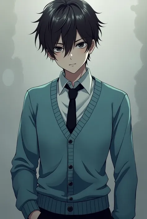 anime tall, pale boy with short, dark brown hair, black, cat eyes, intimidating and piercing gaze, wearing a light blue cardigan, a black tie and black pants.