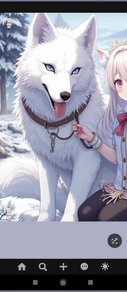 White wolf with light gray details, bright pink eyes