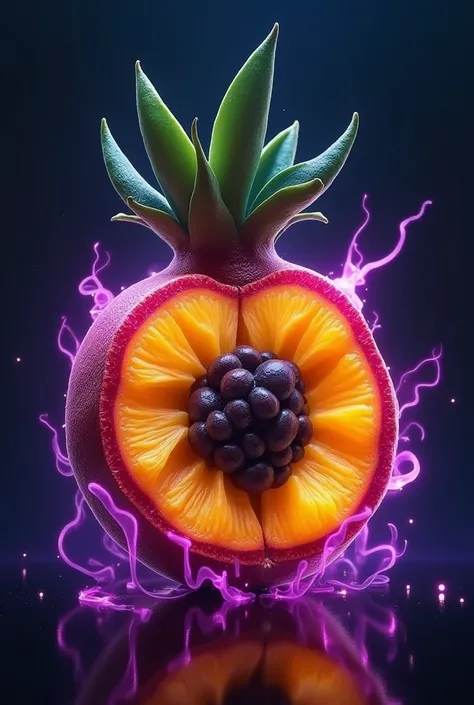 Imagine a Devil Fruit that mixes characteristics of several fruits. The peel is a vibrant fusion of passion fruit and mango, with yellow and orange hues and a sparkling glow. The seeds are small and black, remembering those of passion fruit, while the text...