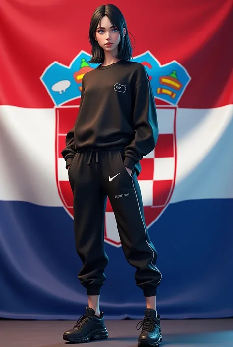 Create a Fortnite Skin With Medium Length Hair, the black and smooth are blue eyes, black jogging pants and a black top with black Nike Shox. Put the green man from Billie Eilish on the top and put a Croatia flag in the background