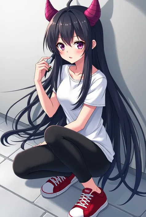 A girl with long dark hair, almost black. She is dressed in a white sports-style t-shirt and tight black pants.. He wears red and white sneakers. Her accessories include earrings and she appears to be holding a small device in her hand.. His eyes are a lig...