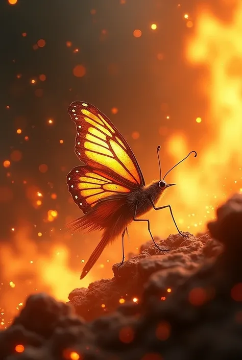 fire, a butterfly is hovering around , and a bird is chasing after her 