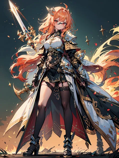 (((masterpiece, best quality, high detailed, 16k))) (1girl) A fierce dragon rider with wild, fiery orange hair and blazing red eyes. She wears a suit of dragon-scale armor that shimmers in shades of red and gold, and a large sword is strapped to her back. ...