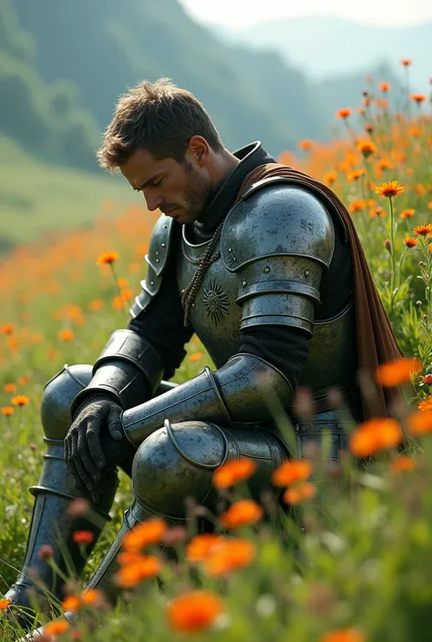 Soldier in armor in a field with flowers sitting sad