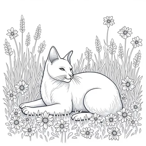 Cat in a flower field, Line art, Coloring book, Black and White, It is made with great attention to detail、There are also baby cats 
