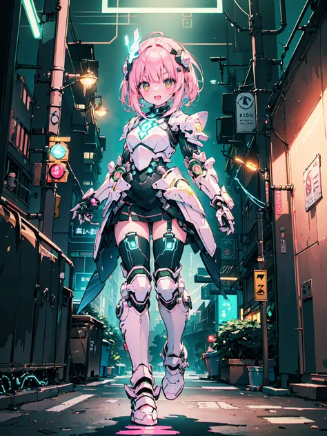 (((Masterpiece, best quality, 16k))) female character with short pink hair and golden eyes. She wears a cybernetic armor in neon green, black, and silver. wields an energy whip. The character has a playful expression, with a neon-lit street as the backgrou...