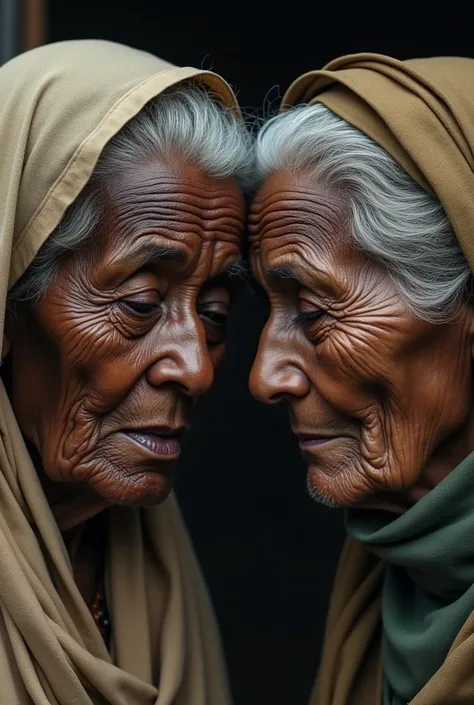 Two tired old African women with suffering expressions very close showing that they are friends 