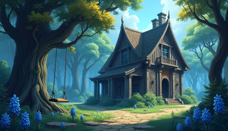 A beautiful, very large country cabin. It is in a large mysterious forest with light fog and blue flowers. On the right side, there is a huge mysterious door. On the left side, there is a large, mysterious and scary tree with golden leaves and a swing. The...