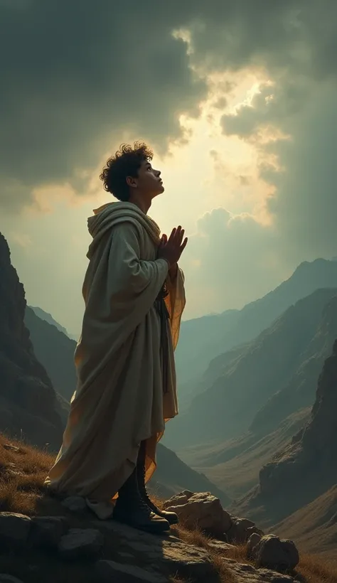 Young David from the Bible praying to God before battle