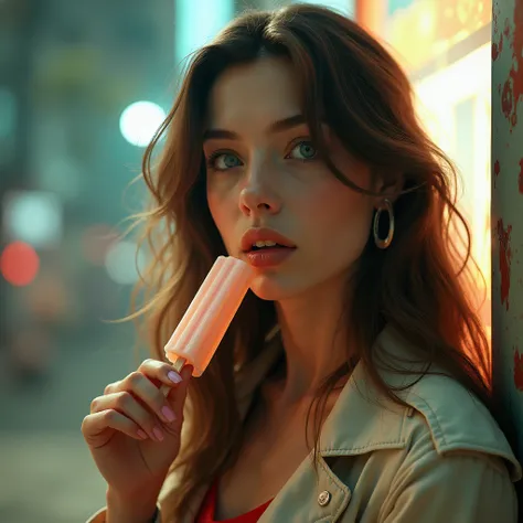 4K images, real image, Woman with brown hair and blue eyes, wearing retro fashion clothes. outside, Eating a Popsicle. soft lighting, cinematic, Psychedelia, Strange Futurism,
