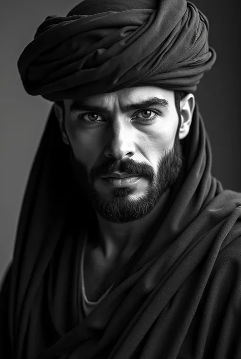 a persian warrior black and white photo of a man in a hat and a beard, persian warrior, handsome prince of persia, still from a fantasy movie