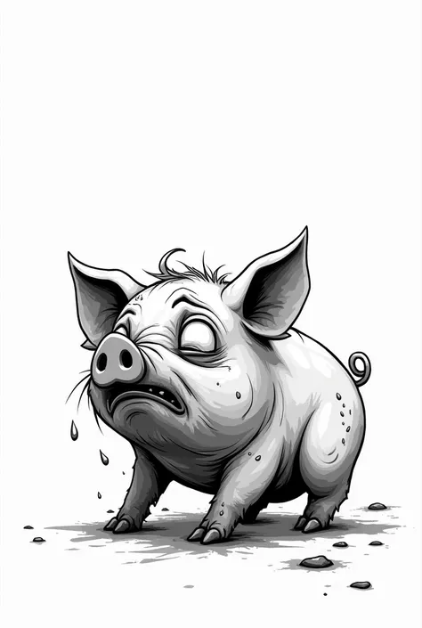 Half dead pig cartoon black and white 