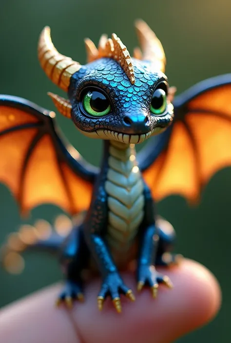 Baby dragon with blue black skin with diamond inserts and golden wings spread out . Beautiful big eyes green with red gradient, opened his mouth. Sits on the thumb, quality, high detail, in detail, Best quality, award winning, realistic anatomy, masterpiec...