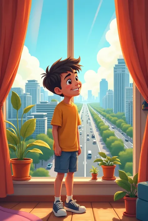 A teenager looking out the window of the building at the good city, happy, in cartoon style
