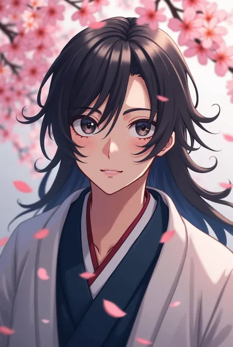 1boy, upper body, expressionless, japanese clothes, long hair, solo, cherry blossoms, looking at viewer,