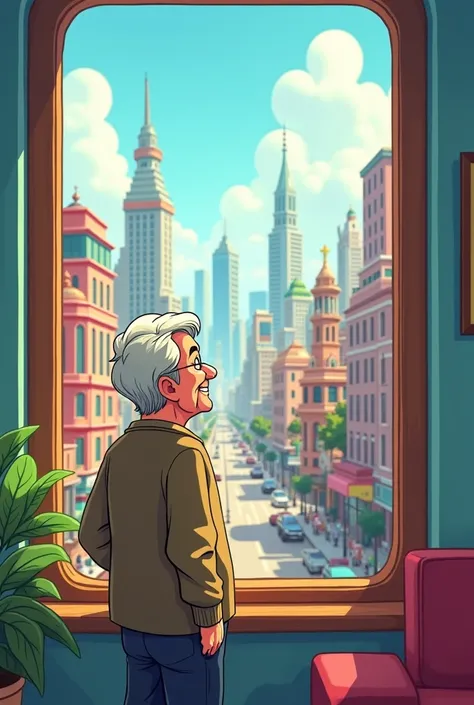 An adult looking out the window of the building at the good city, happy, in cartoon style
