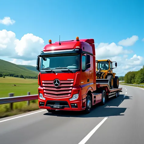 A stunning photograph of a captivating red Mercedes-Benz truck, creatively designed with decorative stripes, parked on rural highway. The truck is loaded with a bulldozer. In the background, a bright blue sky and lush green landscape. The winding road and ...