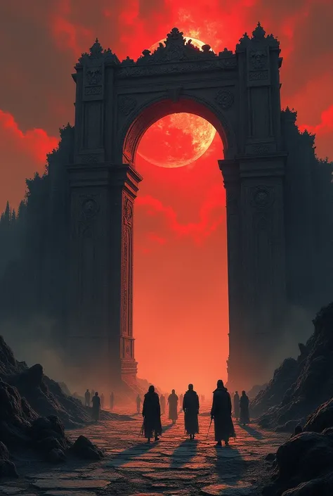 ruined portal with a death background and several people watching the portal