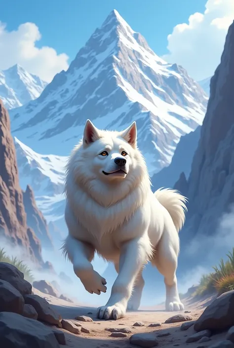 Muscular animated white dog with mountains background