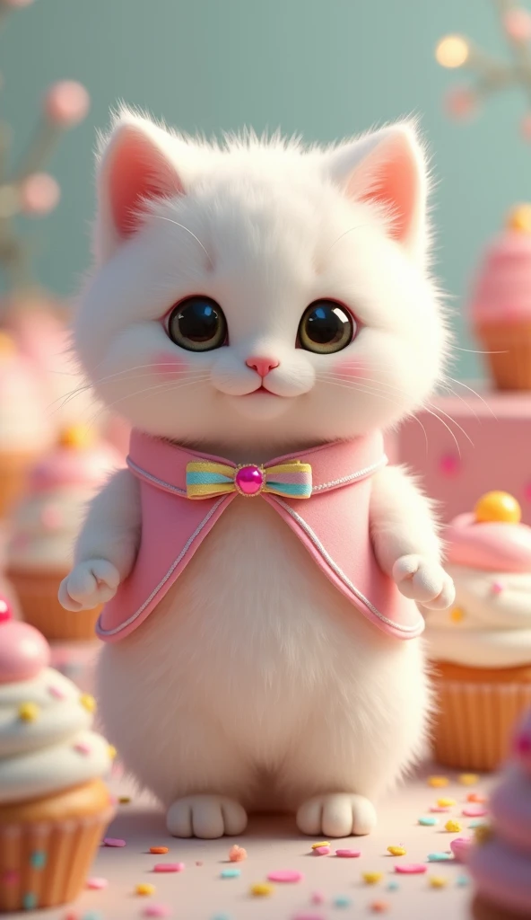 kitten　　He&#39;s wearing a cake costume　Bipedal White fur cat Cake cosplay Cute cat Smiling, ribbon, 
Lots of cakes in the background