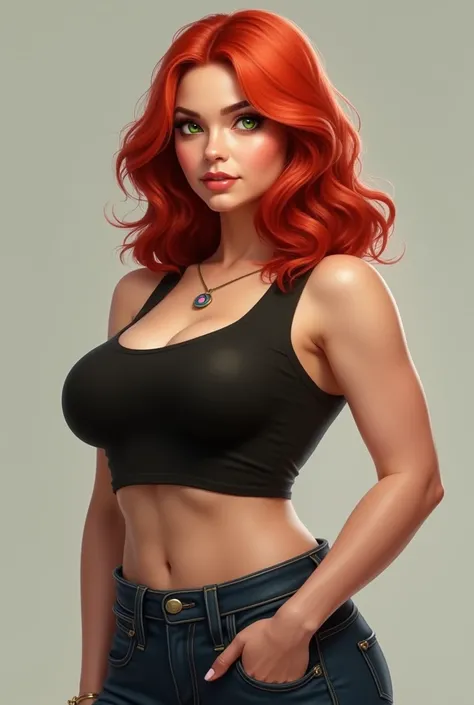 A woman of 1,60cm, 99kg, green eyes and red hair, full body 