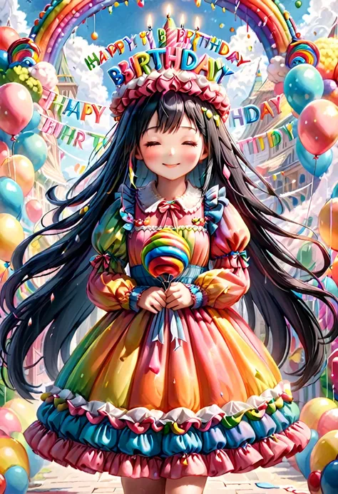 1girl, long black hair, closed eyes, cone shaped hat, holding a pink ballon, puffy rainbow dress, puffy sleeves, smiling, '' hap...