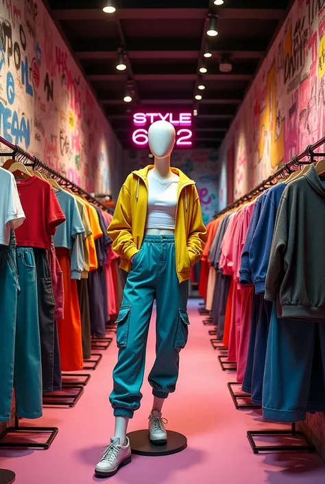 an urban clothing store with jogger tops, cargo jeans in various shades of color and the place decorated in street style in neutral tones with graffiti, a sign that says style 62 and a single mannequin with women&#39;s reggaeton urban clothing