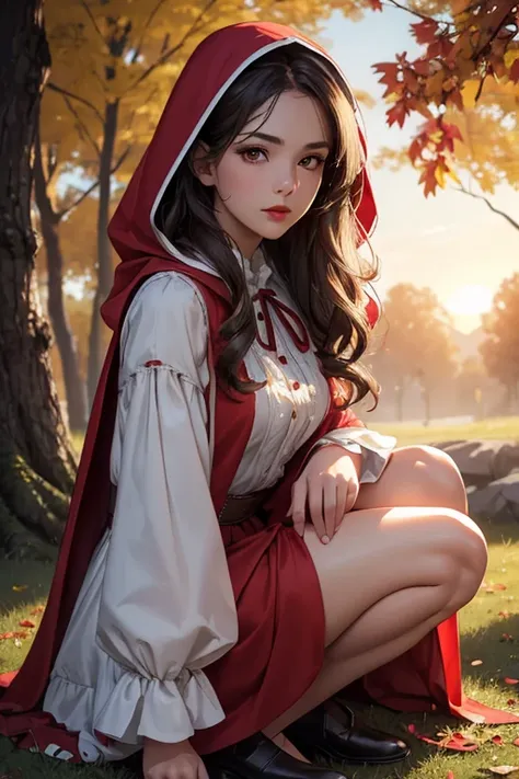 (best quality, 4K, 8K, high resolution, masterpiece: 1.2), ultra-detailed, (realistic, photorealistic: 1.37), medium camera shot, sweet girl with little red riding hood, wavy hair, eyeliner, shadow, smoky eyes, red lips, proportioned, loose hands, red cape...