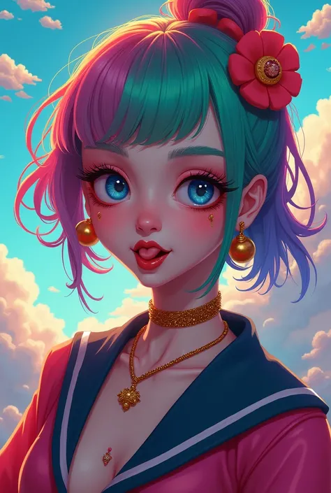  1girl, Alone, looking at viewer, open mouth, bangs, fantasy background, teeth, tongue, tongue out, sailor collar, lips, eyelashes, upper teeth, breasts, cleavage rainbow hair makeup dark rainbow hair TATTOO eccentric colorful neon colors butterfly rainbow...