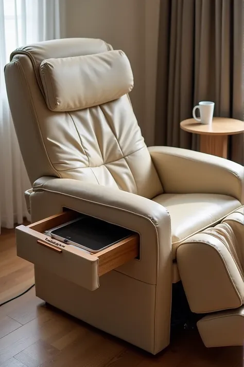 A comfortable, cushioned massage chair that has a drawer and a small table with a power outlet