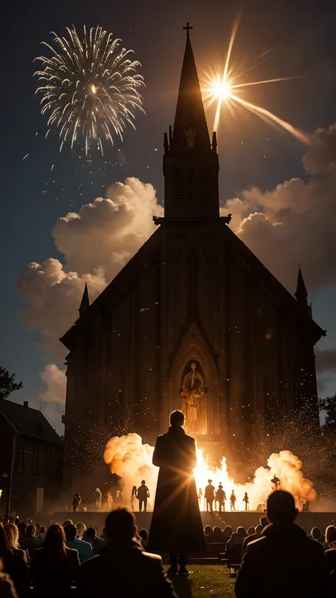 church with several monsters and people outside, with explosions in the background