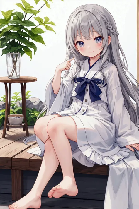 Girl、Children、Gray Hair、whiteドレス、white、barefoot、smile