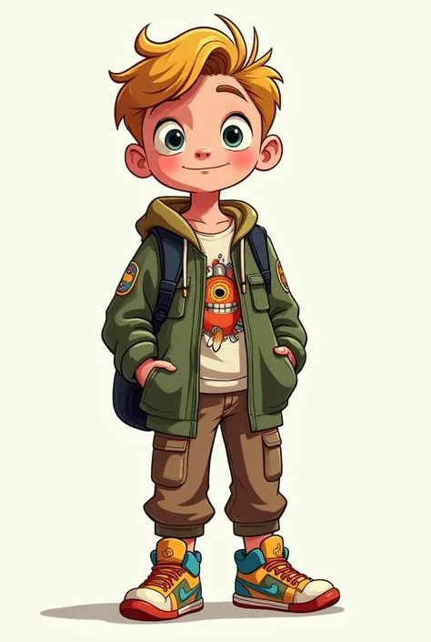 A cartoon-style vector illustration of a  boy with fair skin and dark blonde hair. His outfit is highly stylized, featuring an oversized cargo with bold patches over a graphic t-shirt displaying a fantastical creature. He wears loose-fitting pants and colo...