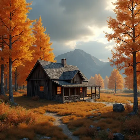 Norwegian brown house among orange autumn trees, very cloudy day very beautiful