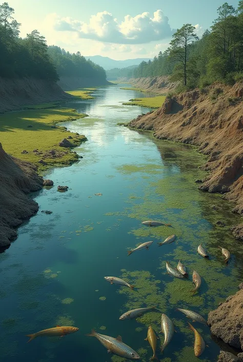 Illustrative image showing river pollution: one side with sewage dumping contaminated water, full of algae and dead fish, and the other side with agricultural practices, such as excessive use of fertilizers, soil erosion and deforestation. The contrast bet...