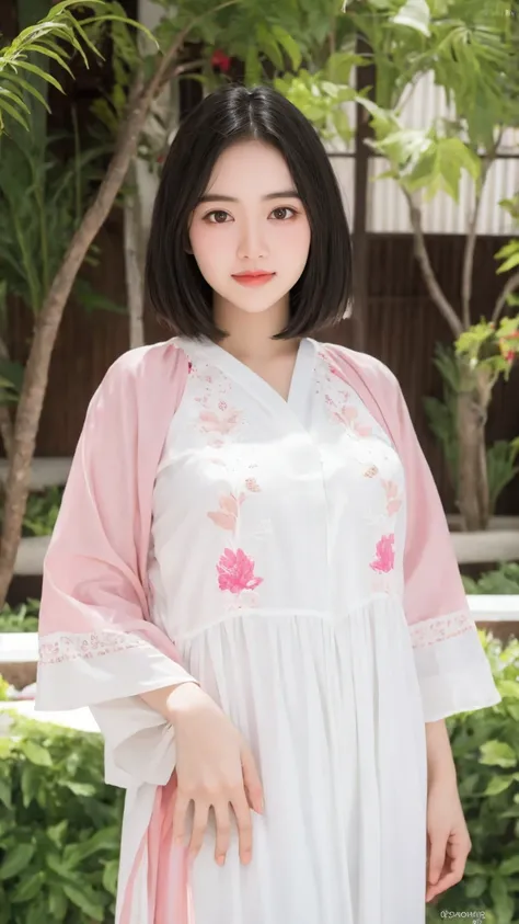 1Girl, Beautiful Indonesian Girl Face, Face Age 22 Years, Eye Contacts, Detailed skin, (Pink-White Kaftan), Pink Kaftan, Perfect Eyeliner, Perfect Mascara, Soft Make-up, Straight Black Hair, Medium Breasts, Both Arms Open to The Side, Indonesian House Back...