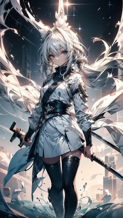 Create Ultra High Definition, Masterpiece quality image with white theme, Featuring a cute anime girl with long white hair in a cool pose, Attack with a high-tech sword. In this scene, Emphasizing futuristic and fantastical aesthetics. The image is、Capturi...