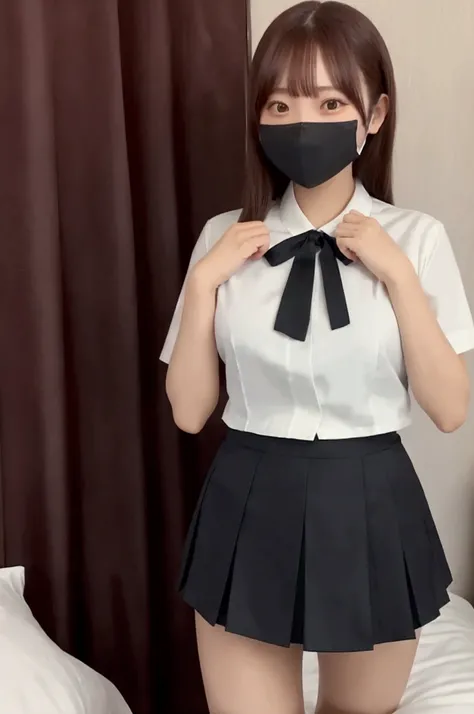 Gravure idol pose　Hotel　bed　uniform　White shirt　High image quality　Not too small bust　Black Mini Skirt　Shorten your skirt 　Beautiful legs　Beautiful Hair　Height: 160cm　mask
