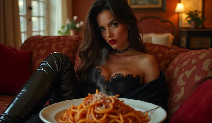 a beautiful sexy woman in high stiletto boots , long hair , big breast, sitting on the sofa and eating a huge portion of spaghetti bolognese , ultra-detailed, 8k, photorealistic, cinematic composition, romantic, sensual, erotic