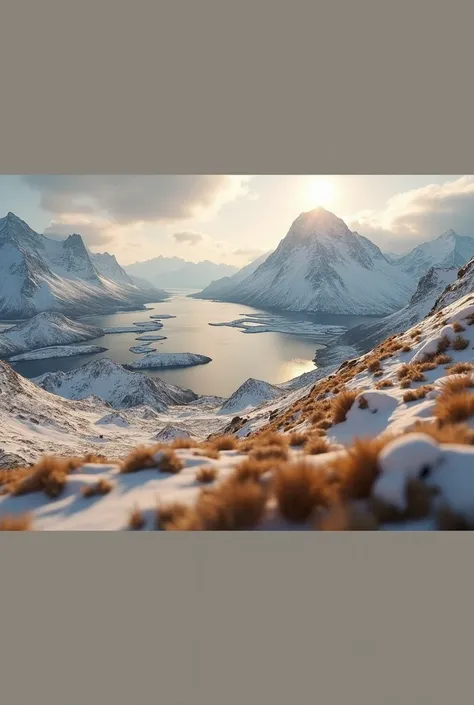 Aerial view of Norwegian mountain landscapes covered in snow, with epic music in the background