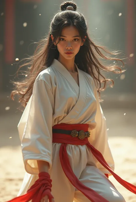 "A young woman with a shy posture, with long dark hair and pale eyes with a soft glow, wearing a traditional martial arts outfit. Shes in a confident pose, highlighting his inner strength, radiating determination, while a light aura surrounds your body. Th...