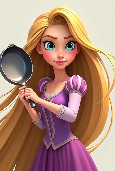 Make Rapunzel holding a frying pan, with the frying pan next to his face like in the movie, From the waist up, with a brave face, but not so much and with the same drawing style as the movie.