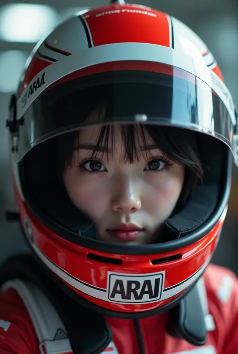 1girl is wearing F1 helmet, (((ARAI helmet))), circuit, ((sitting F1 cockpit)), hard breathing, injured, (((fatal car accident))), Japanese girl, cute girl, black hair, (((racing helmet:1.3))), (((fullface helmet:2.0))), ((covered mouth)), covered nose, hi...