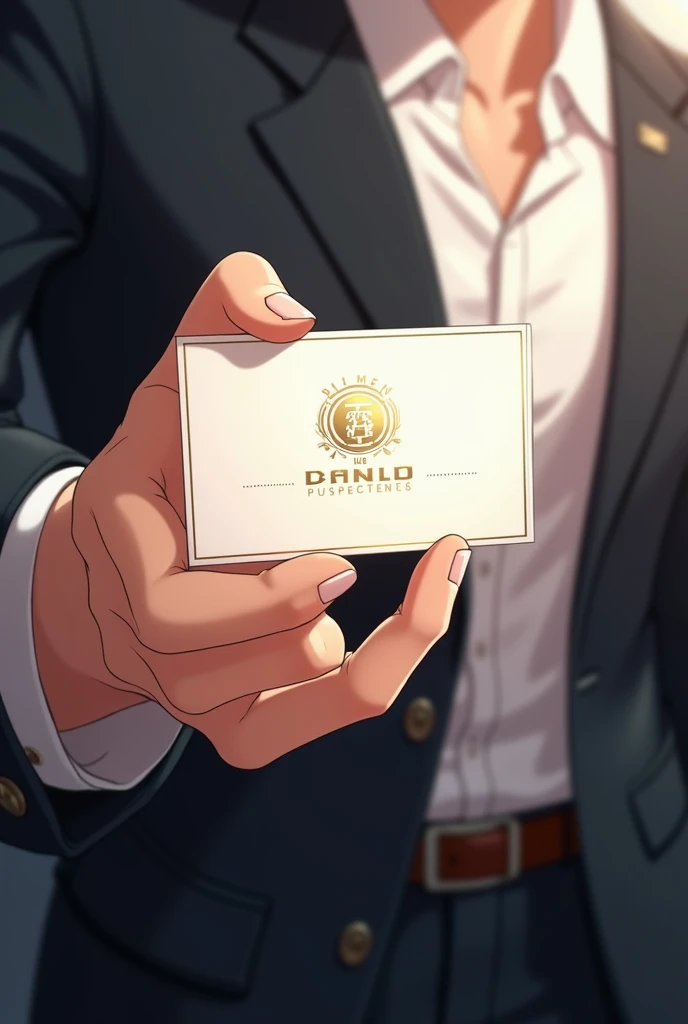 Anime photos, Hand holding a white business card with gold edges with an agency logo