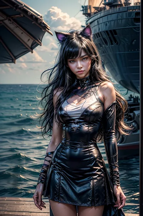 (masterpiece, best quality:1.2), cowboy shot, blake belladonna, cat ears, expressionless, closed mouth, long_hair,formal, wearing t-shirt, skirt,  on deck of ship, sea, blue sky, coast, (masterpiece,stunning girlfriend, (standing:1.1), heart shaped face, e...